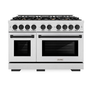 ZLINE Autograph Edition 48 in. 6.7 cu. ft. Select Double Oven Gas Range with 8 Burner Cooktop in Satin Stainless Steel and Matte Black Accents (HGRSZ-48-MB) front, oven closed.