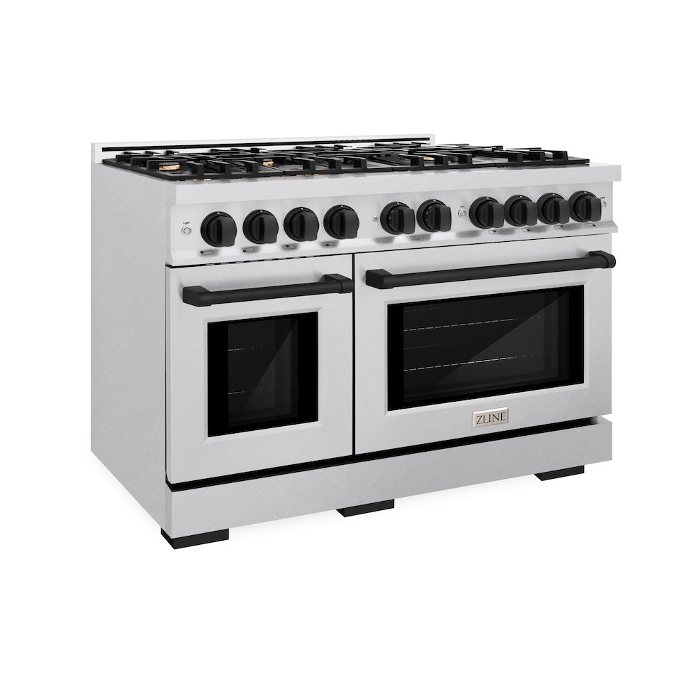 ZLINE Autograph Edition 48 in. 6.7 cu. ft. Select Double Oven Gas Range with 8 Burner Cooktop in Satin Stainless Steel and Matte Black Accents (HGRSZ-48-MB) side.