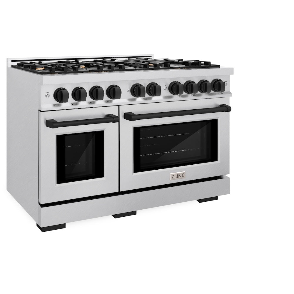 ZLINE Autograph Edition 48 in. 6.7 cu. ft. Select Double Oven Gas Range with 8 Burner Cooktop in Satin Stainless Steel and Matte Black Accents (HGRSZ-48-MB) side, oven closed.
