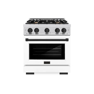 ZLINE Autograph Edition 30 in. 4.2 cu. ft. Select Gas Range with 4 Burner Cooktop and Convection Gas Oven in Satin Stainless Steel with White Matte Door and Matte Black Accents (HGRSZ-WM-30-MB) front.