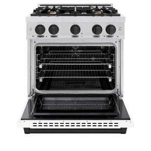 ZLINE Autograph Edition 30 in. 4.2 cu. ft. Select Gas Range with 4 Burner Cooktop and Convection Gas Oven in Satin Stainless Steel with White Matte Door and Matte Black Accents (HGRSZ-WM-30-MB) front, oven open.