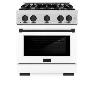 ZLINE Autograph Edition 30 in. 4.2 cu. ft. Select Gas Range with 4 Burner Cooktop and Convection Gas Oven in Satin Stainless Steel with White Matte Door and Matte Black Accents (HGRSZ-WM-30-MB) front, oven closed.