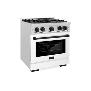 ZLINE Autograph Edition 30 in. 4.2 cu. ft. Select Gas Range with 4 Burner Cooktop and Convection Gas Oven in Satin Stainless Steel with White Matte Door and Matte Black Accents (HGRSZ-WM-30-MB) side.