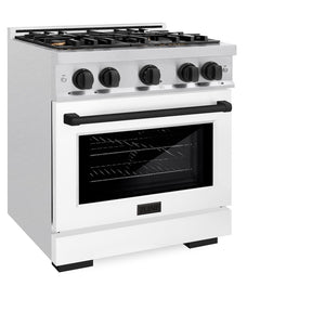 ZLINE Autograph Edition 30 in. 4.2 cu. ft. Select Gas Range with 4 Burner Cooktop and Convection Gas Oven in Satin Stainless Steel with White Matte Door and Matte Black Accents (HGRSZ-WM-30-MB) side, oven closed.