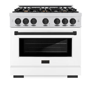 ZLINE Autograph Edition 36 in. 5.2 cu. ft. Select Gas Range with 6 Burner Cooktop and Convection Gas Oven in Satin Stainless Steel with White Matte Door and Matte Black Accents (HGRSZ-WM-36-MB) front, oven closed.