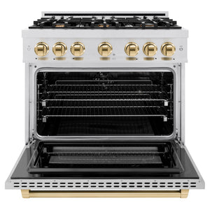 ZLINE Autograph Edition 36 in. 5.2 cu. ft. Select Dual Fuel Range with 6 Burner Gas Cooktop and Electric Convection Oven in Satin Stainless Steel with Polished Gold Accents (HDRSZ-36-G) front, oven open.