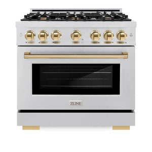 ZLINE Autograph Edition 36 in. 5.2 cu. ft. Select Dual Fuel Range with 6 Burner Gas Cooktop and Electric Convection Oven in Satin Stainless Steel with Polished Gold Accents (HDRSZ-36-G) front, oven closed.