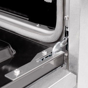 ZLINE Autograph Edition 36 in. 5.2 cu. ft. Select Dual Fuel Range with 6 Burner Gas Cooktop and Electric Convection Oven in Satin Stainless Steel with Polished Gold Accents (HDRSZ-36-G) StayPut oven door hinge.