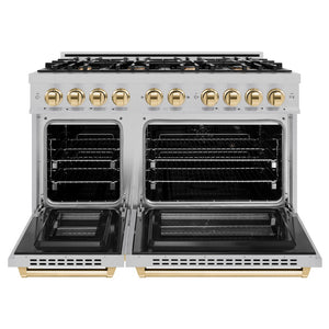 ZLINE Autograph Edition 48 in. 6.7 cu. ft. Select Double Oven Dual Fuel Range with 8 Burner Gas Cooktop in Satin Stainless Steel and Polished Gold Accents (HDRSZ-48-G) front, oven open.