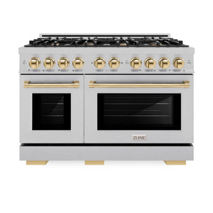 ZLINE Autograph Edition 48 in. 6.7 cu. ft. Select Double Oven Dual Fuel Range with 8 Burner Gas Cooktop in Satin Stainless Steel and Polished Gold Accents (HDRSZ-48-G) front, oven closed.