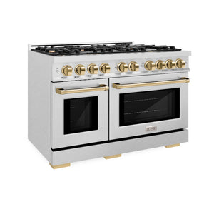 ZLINE Autograph Edition 48 in. 6.7 cu. ft. Select Double Oven Dual Fuel Range with 8 Burner Gas Cooktop in Satin Stainless Steel and Polished Gold Accents (HDRSZ-48-G) side.
