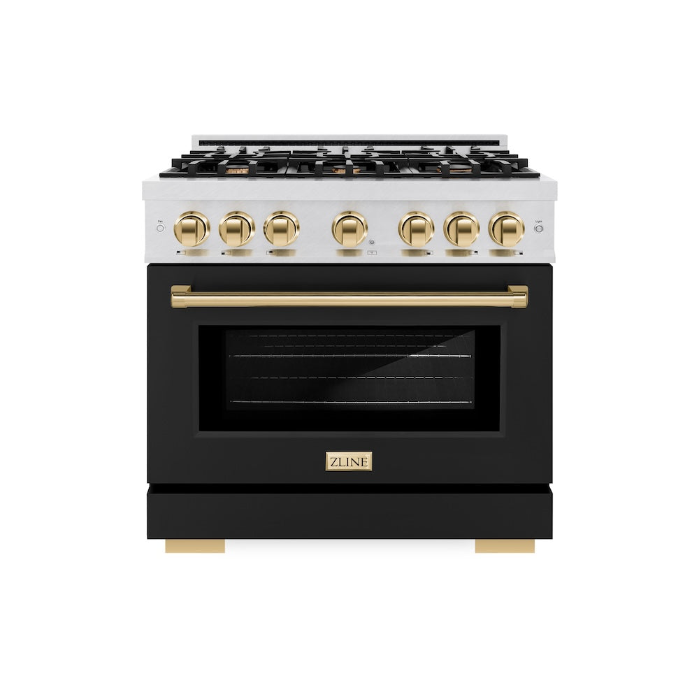 ZLINE Autograph Edition 36 in. 5.2 cu. ft. Select Dual Fuel Range with 6 Burner Gas Cooktop and Electric Convection Oven in Satin Stainless Steel with Black Matte Door and Polished Gold Accents (HDRSZ-BLM-36-G) front.