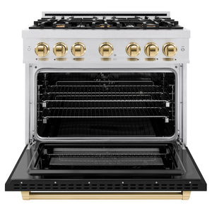 ZLINE Autograph Edition 36 in. 5.2 cu. ft. Select Dual Fuel Range with 6 Burner Gas Cooktop and Electric Convection Oven in Satin Stainless Steel with Black Matte Door and Polished Gold Accents (HDRSZ-BLM-36-G) front, oven open.