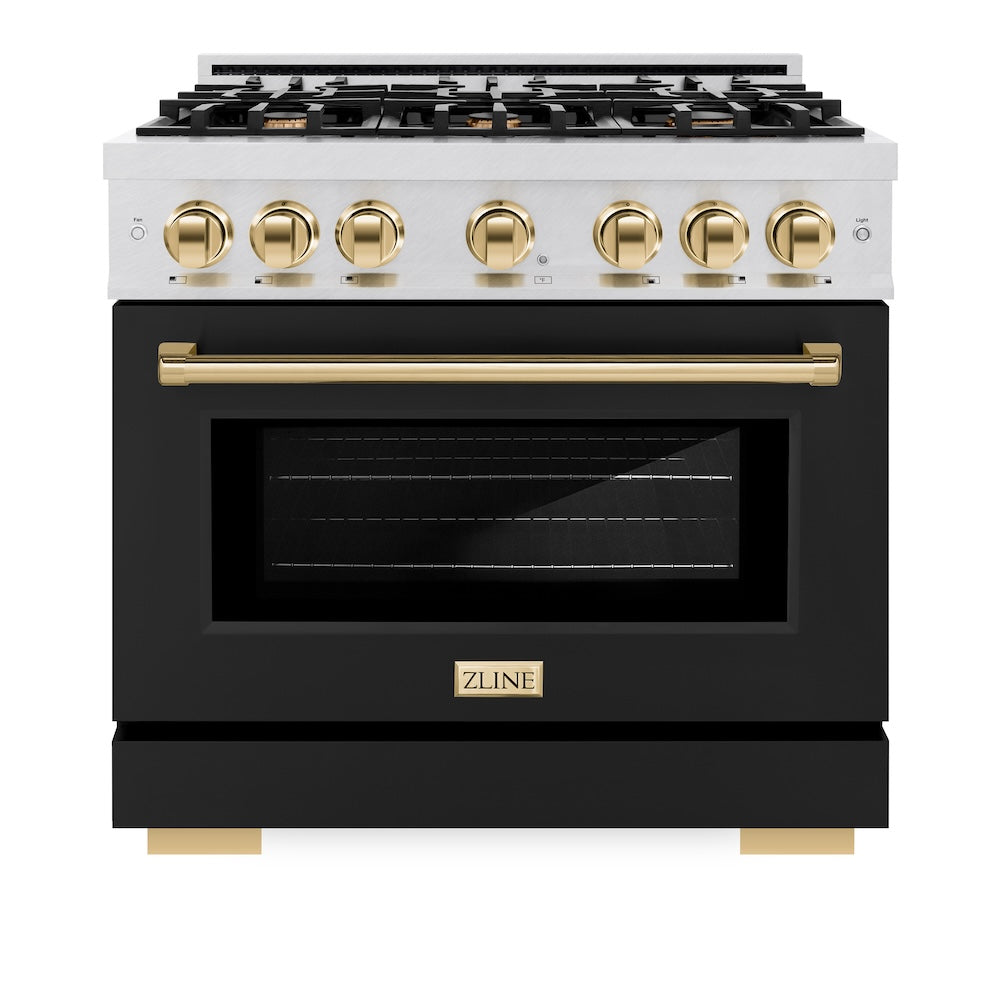 ZLINE Autograph Edition 36 in. 5.2 cu. ft. Select Dual Fuel Range with 6 Burner Gas Cooktop and Electric Convection Oven in Satin Stainless Steel with Black Matte Door and Polished Gold Accents (HDRSZ-BLM-36-G) front, oven closed.