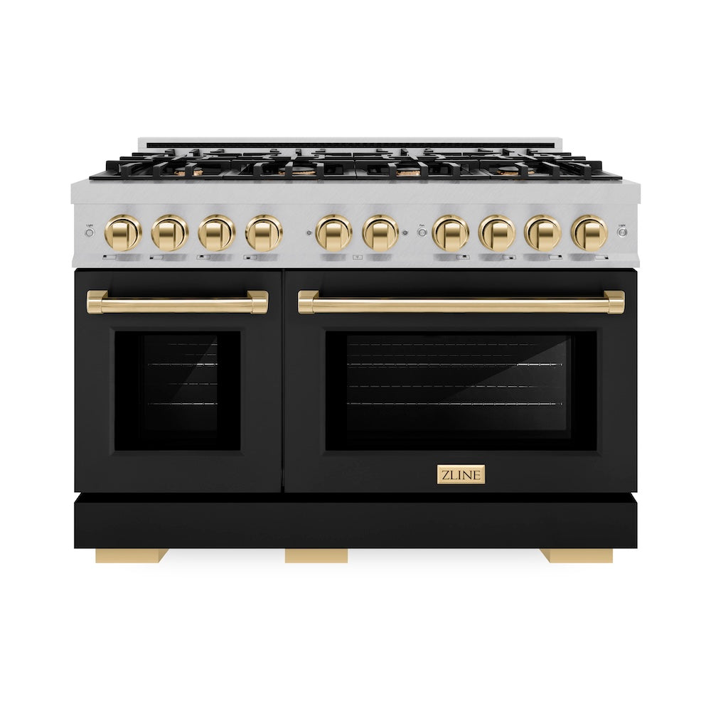 ZLINE Autograph Edition 48 in. 6.7 cu. ft. Select Double Oven Dual Fuel Range with 8 Burner Gas Cooktop in Satin Stainless Steel with Black Matte Doors and Polished Gold Accents (HDRSZ-BLM-48-G) front.