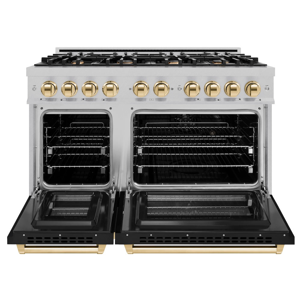 ZLINE Autograph Edition 48 in. 6.7 cu. ft. Select Double Oven Dual Fuel Range with 8 Burner Gas Cooktop in Satin Stainless Steel with Black Matte Doors and Polished Gold Accents (HDRSZ-BLM-48-G) front, oven open.