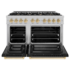 ZLINE Autograph Edition 48 in. 6.7 cu. ft. Select Double Oven Dual Fuel Range with 8 Burner Gas Cooktop in Satin Stainless Steel with Black Matte Doors and Polished Gold Accents (HDRSZ-BLM-48-G) front, oven open.