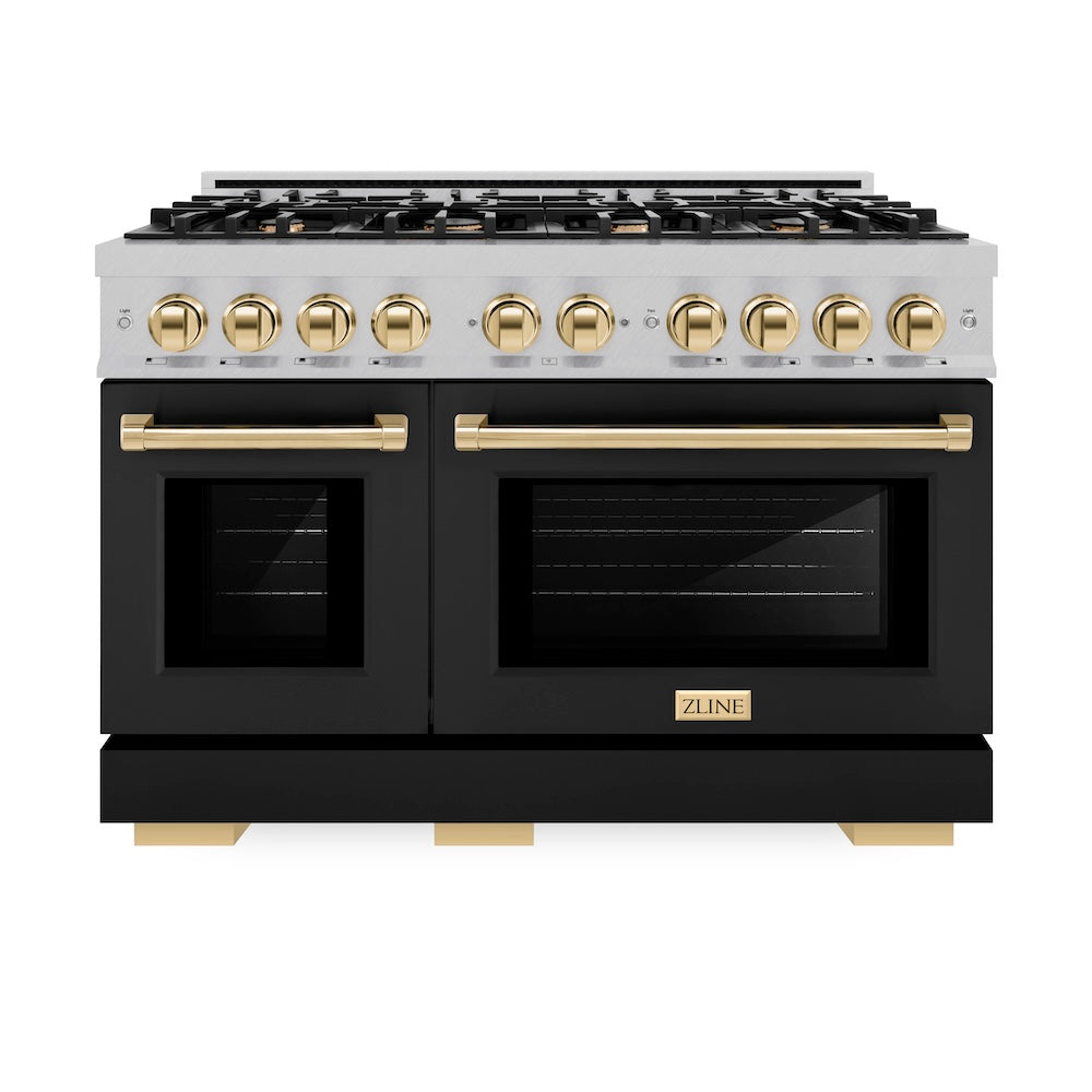 ZLINE Autograph Edition 48 in. 6.7 cu. ft. Select Double Oven Dual Fuel Range with 8 Burner Gas Cooktop in Satin Stainless Steel with Black Matte Doors and Polished Gold Accents (HDRSZ-BLM-48-G) front, oven closed.
