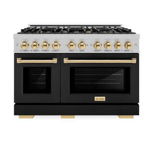 ZLINE Autograph Edition 48 in. 6.7 cu. ft. Select Double Oven Dual Fuel Range with 8 Burner Gas Cooktop in Satin Stainless Steel with Black Matte Doors and Polished Gold Accents (HDRSZ-BLM-48-G) front, oven closed.