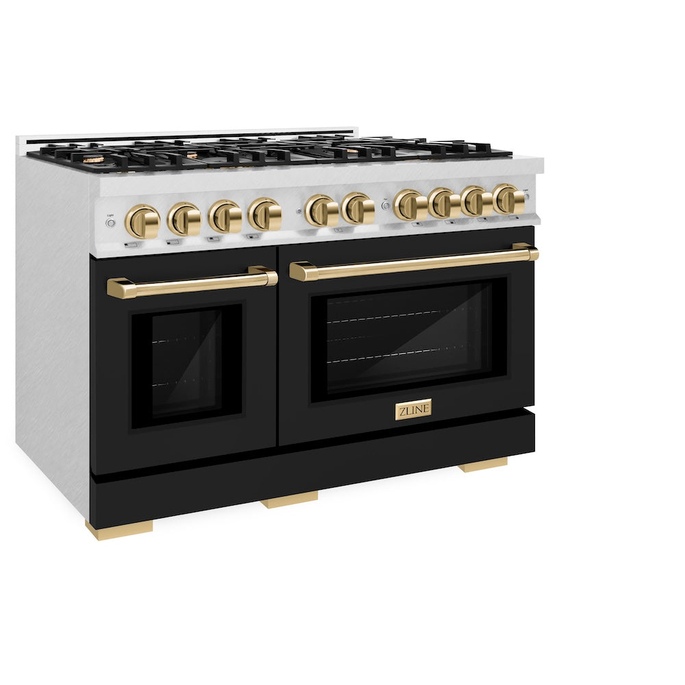 ZLINE Autograph Edition 48 in. 6.7 cu. ft. Select Double Oven Dual Fuel Range with 8 Burner Gas Cooktop in Satin Stainless Steel with Black Matte Doors and Polished Gold Accents (HDRSZ-BLM-48-G) side, oven closed.