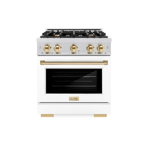 ZLINE Autograph Edition 30 in. 4.2 cu. ft. Select Dual Fuel Range with 4 Burner Gas Cooktop and Electric Convection Oven in Satin Stainless Steel with White Matte Door and Polished Gold Accents (HDRSZ-WM-30-G) front.