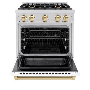 ZLINE Autograph Edition 30 in. 4.2 cu. ft. Select Dual Fuel Range with 4 Burner Gas Cooktop and Electric Convection Oven in Satin Stainless Steel with White Matte Door and Polished Gold Accents (HDRSZ-WM-30-G) front, oven open.