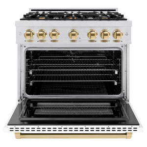 ZLINE Autograph Edition 36 in. 5.2 cu. ft. Select Dual Fuel Range with 6 Burner Gas Cooktop and Electric Convection Oven in Satin Stainless Steel with White Matte Door and Polished Gold Accents (HDRSZ-WM-36-G) front, oven open.