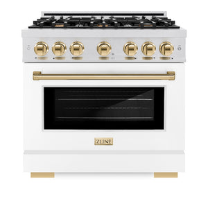 ZLINE Autograph Edition 36 in. 5.2 cu. ft. Select Dual Fuel Range with 6 Burner Gas Cooktop and Electric Convection Oven in Satin Stainless Steel with White Matte Door and Polished Gold Accents (HDRSZ-WM-36-G) front, oven closed.