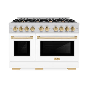 ZLINE Autograph Edition 48 in. 6.7 cu. ft. Select Double Oven Dual Fuel Range with 8 Burner Gas Cooktop in Satin Stainless Steel with White Matte Doors and Polished Gold Accents (HDRSZ-WM-48-G) front.
