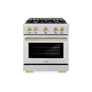 ZLINE Autograph Edition 30 in. 4.2 cu. ft. Select Gas Range with 4 Burner Cooktop and Convection Gas Oven in Satin Stainless Steel and Polished Gold Accents (HGRSZ-30-G) front.