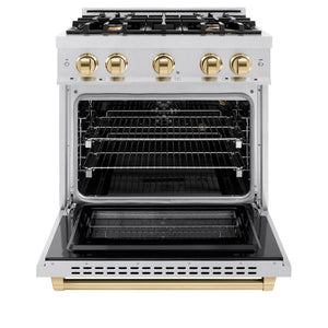 ZLINE Autograph Edition 30 in. 4.2 cu. ft. Select Gas Range with 4 Burner Cooktop and Convection Gas Oven in Satin Stainless Steel and Polished Gold Accents (HGRSZ-30-G) front, oven open.