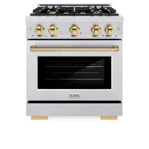 ZLINE Autograph Edition 30 in. 4.2 cu. ft. Select Gas Range with 4 Burner Cooktop and Convection Gas Oven in Satin Stainless Steel and Polished Gold Accents (HGRSZ-30-G) front, oven closed.