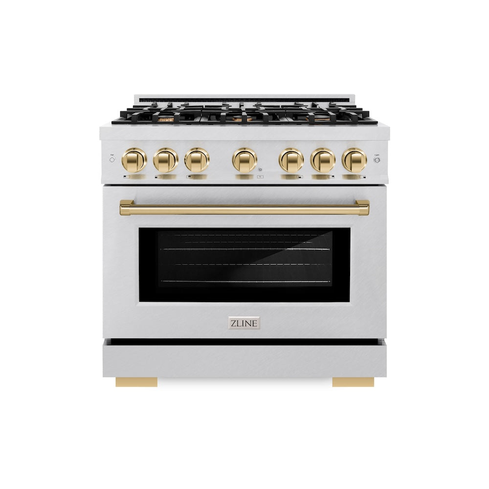ZLINE Autograph Edition 36 in. 5.2 cu. ft. Select Gas Range with 6 Burner Cooktop and Convection Gas Oven in Satin Stainless Steel and Polished Gold Accents (HGRSZ-36-G) front.