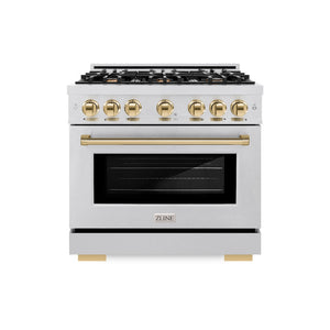 ZLINE Autograph Edition 36 in. 5.2 cu. ft. Select Gas Range with 6 Burner Cooktop and Convection Gas Oven in Satin Stainless Steel and Polished Gold Accents (HGRSZ-36-G) front.