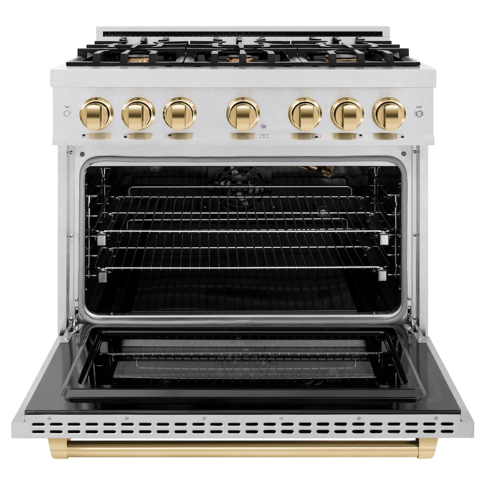 ZLINE Autograph Edition 36 in. 5.2 cu. ft. Select Gas Range with 6 Burner Cooktop and Convection Gas Oven in Satin Stainless Steel and Polished Gold Accents (HGRSZ-36-G) front, oven open.