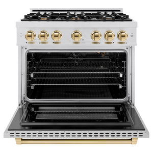 ZLINE Autograph Edition 36 in. 5.2 cu. ft. Select Gas Range with 6 Burner Cooktop and Convection Gas Oven in Satin Stainless Steel and Polished Gold Accents (HGRSZ-36-G) front, oven open.