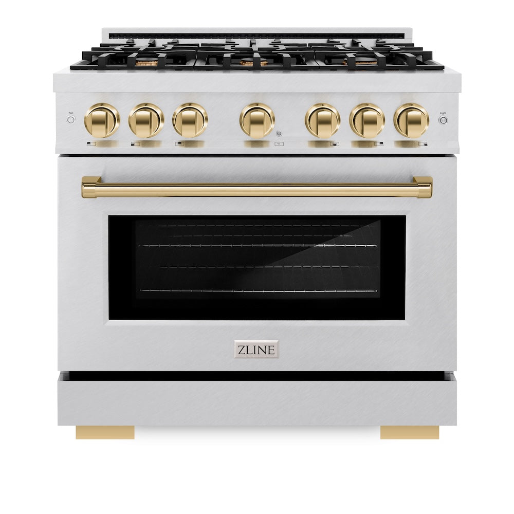 ZLINE Autograph Edition 36 in. 5.2 cu. ft. Select Gas Range with 6 Burner Cooktop and Convection Gas Oven in Satin Stainless Steel and Polished Gold Accents (HGRSZ-36-G) front, oven closed.