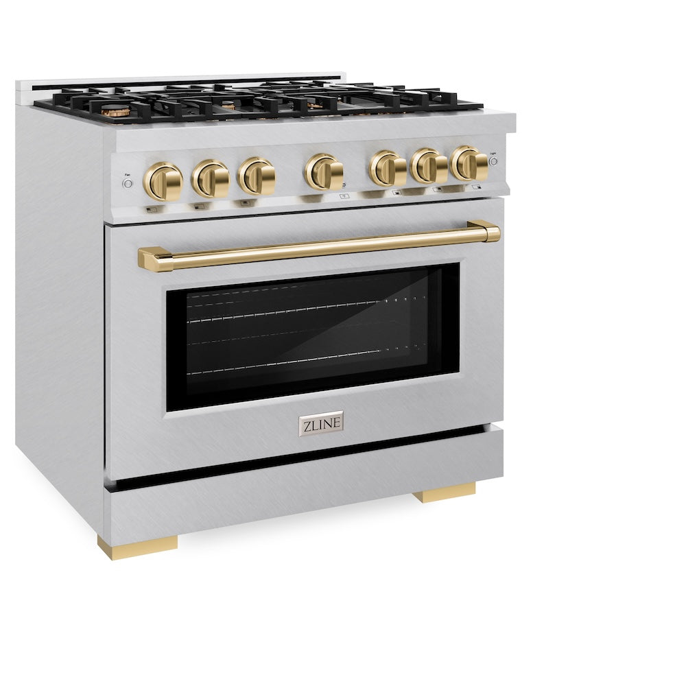 ZLINE Autograph Edition 36 in. 5.2 cu. ft. Select Gas Range with 6 Burner Cooktop and Convection Gas Oven in Satin Stainless Steel and Polished Gold Accents (HGRSZ-36-G) side, oven closed.