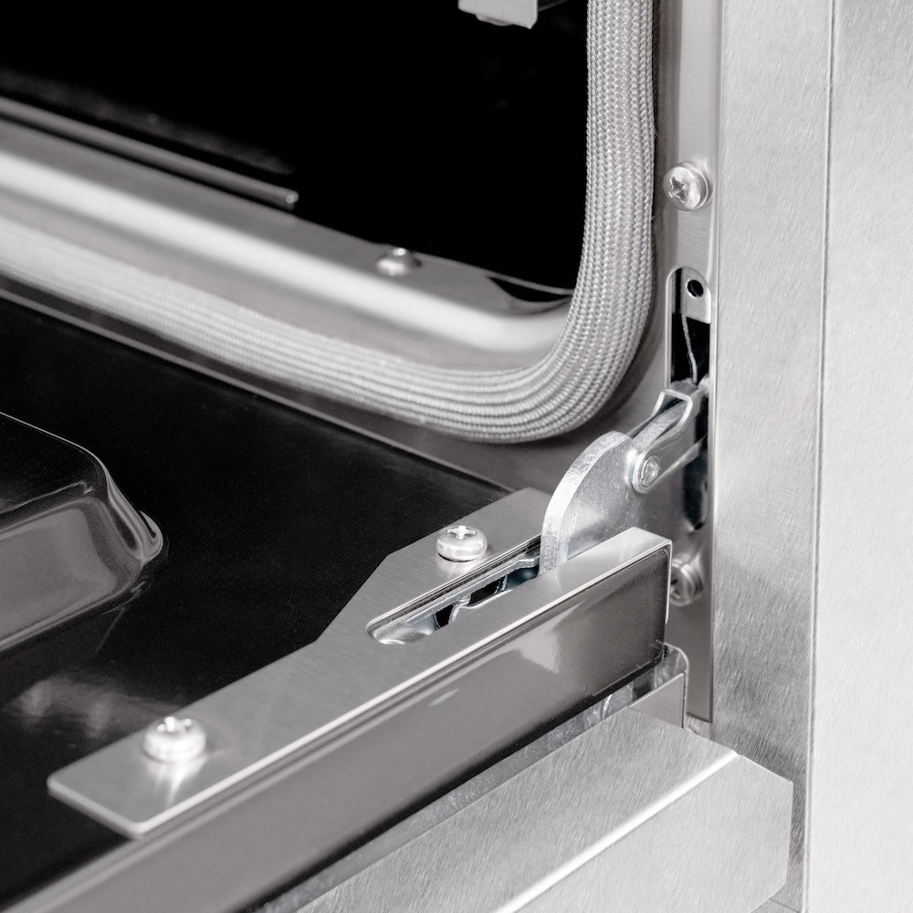 ZLINE Autograph Edition 36 in. 5.2 cu. ft. Select Gas Range with 6 Burner Cooktop and Convection Gas Oven in Satin Stainless Steel and Polished Gold Accents (HGRSZ-36-G) StayPut oven door hinge.