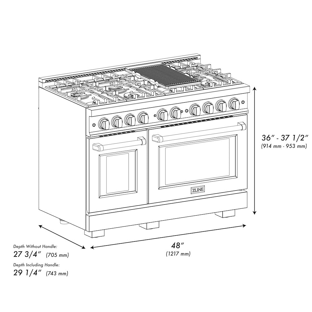 ZLINE Autograph Edition 48 in. 6.7 cu. ft. Select Double Oven Gas Range with 8 Burner Cooktop in Satin Stainless Steel and Polished Gold Accents (HGRSZ-48-G) dimensional diagram.