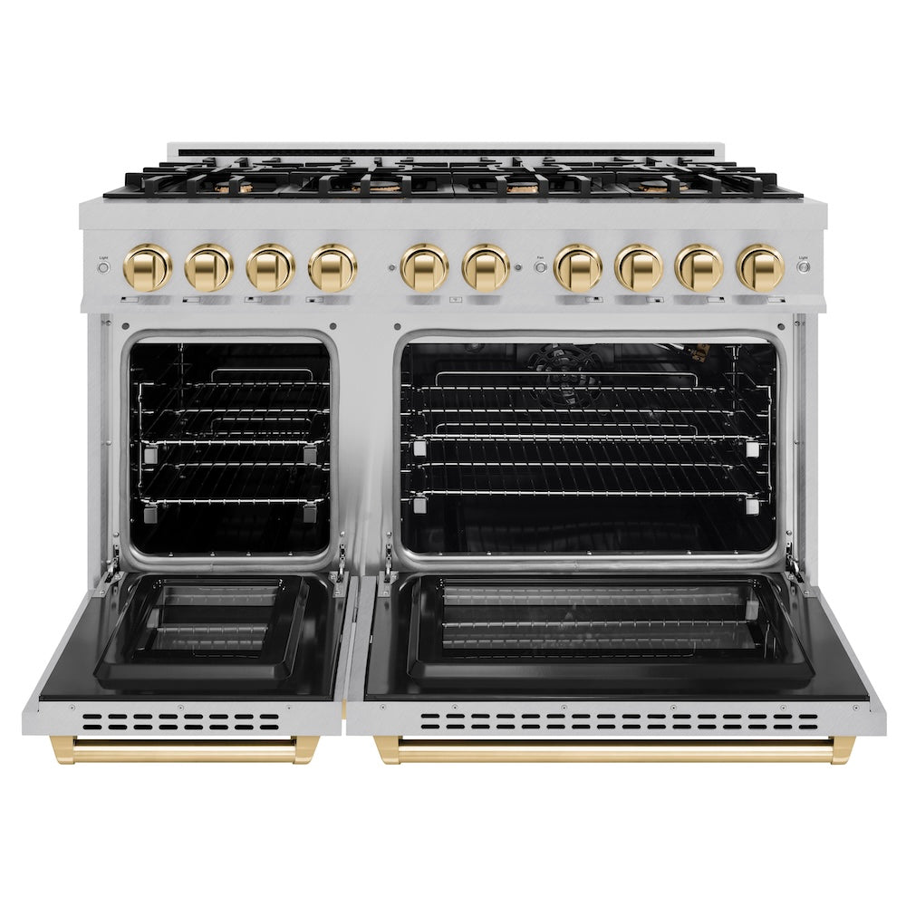 ZLINE Autograph Edition 48 in. 6.7 cu. ft. Select Double Oven Gas Range with 8 Burner Cooktop in Satin Stainless Steel and Polished Gold Accents (HGRSZ-48-G) front, oven open.