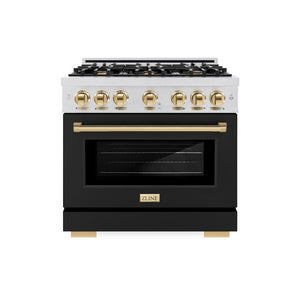 ZLINE Autograph Edition 36 in. 5.2 cu. ft. Select Gas Range with 6 Burner Cooktop and Convection Gas Oven in Satin Stainless Steel with Black Matte Door and Polished Gold Accents (HGRSZ-BLM-36-G) front.