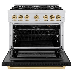 ZLINE Autograph Edition 36 in. 5.2 cu. ft. Select Gas Range with 6 Burner Cooktop and Convection Gas Oven in Satin Stainless Steel with Black Matte Door and Polished Gold Accents (HGRSZ-BLM-36-G) front, oven open.