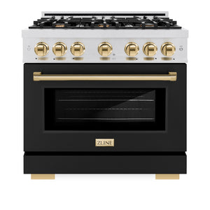 ZLINE Autograph Edition 36 in. 5.2 cu. ft. Select Gas Range with 6 Burner Cooktop and Convection Gas Oven in Satin Stainless Steel with Black Matte Door and Polished Gold Accents (HGRSZ-BLM-36-G) front, oven closed.
