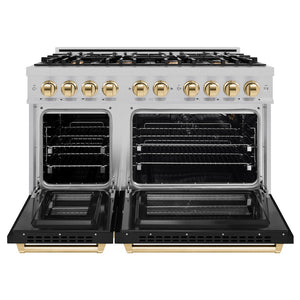 ZLINE Autograph Edition 48 in. 6.7 cu. ft. Select Double Oven Gas Range with 8 Burner Cooktop in Satin Stainless Steel with Black Matte Doors and Polished Gold Accents (HGRSZ-BLM-48-G) front, oven open.