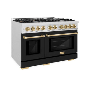 ZLINE Autograph Edition 48 in. 6.7 cu. ft. Select Double Oven Gas Range with 8 Burner Cooktop in Satin Stainless Steel with Black Matte Doors and Polished Gold Accents (HGRSZ-BLM-48-G) side.