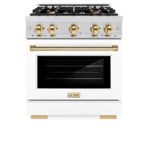 ZLINE Autograph Edition 30 in. 4.2 cu. ft. Select Gas Range with 4 Burner Cooktop and Convection Gas Oven in Satin Stainless Steel with White Matte Door and Polished Gold Accents (HGRSZ-WM-30-G) front, oven closed.