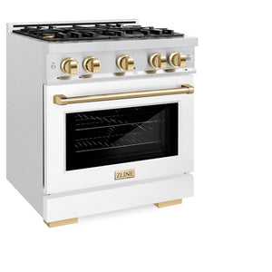ZLINE Autograph Edition 30 in. 4.2 cu. ft. Select Gas Range with 4 Burner Cooktop and Convection Gas Oven in Satin Stainless Steel with White Matte Door and Polished Gold Accents (HGRSZ-WM-30-G) side, oven closed.