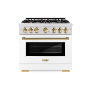 ZLINE Autograph Edition 36 in. 5.2 cu. ft. Select Gas Range with 6 Burner Cooktop and Convection Gas Oven in Satin Stainless Steel with White Matte Door and Polished Gold Accents (HGRSZ-WM-36-G) front.