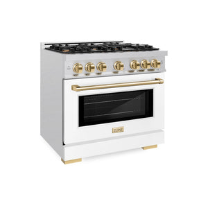 ZLINE Autograph Edition 36 in. 5.2 cu. ft. Select Gas Range with 6 Burner Cooktop and Convection Gas Oven in Satin Stainless Steel with White Matte Door and Polished Gold Accents (HGRSZ-WM-36-G) side.